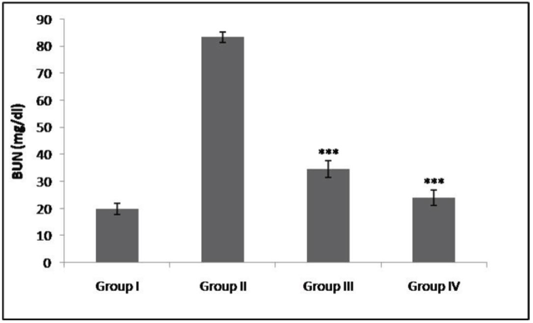 Effect of ethanol extract of Tinospora cordifolia on BUN in Cyclophosphamide treated rats. Results are given as mean ± SEM of six animals in each group. Significance at *p<0.01.